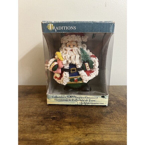 TRADITIONS Santa Holding Doll and Tree Collectible Character Glass Ornament EUC - Picture 1 of 16